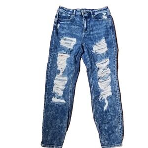American Eagle Flex Mom Jeans 10R Blue Denim Distressed Destroyed Grunge 90s